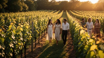 Obraz premium Group of friends walk through vineyard rows at sunset. Diverse happy people enjoy wine tour, countryside stroll. Smiling men, women stroll among grapevine plants during golden hour in rural winery