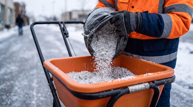 Winter maintenance worker pouring rock salt into a walk-behind spreader