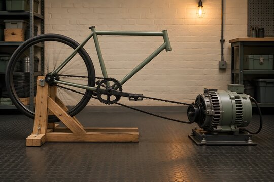 Bicycle powered generator rig in a supply room with a belt driven alternator
