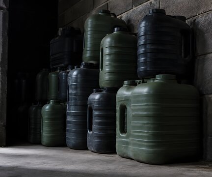 Stacked water jerrycans in a dim alcove with squat ribbed containers piled against a blockwork wall and matte surfaces