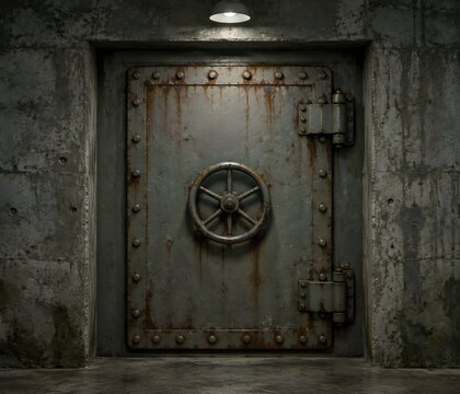 Rusted steel blast door of an underground bunker with heavy wheel handle and riveted slab