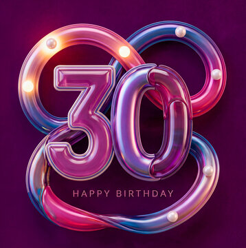 Glowing Glass Number 30 Birthday Card on Purple Background
