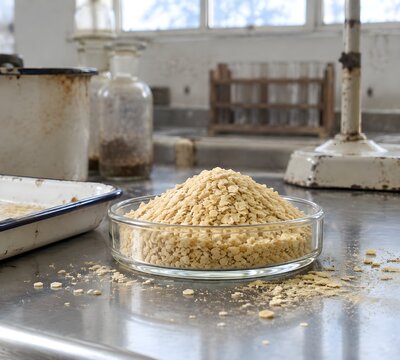 Soy lecithin granules heaped in a glass dish on an agricultural laboratory bench