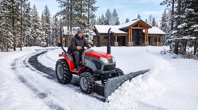 Compact utility tractor with a front snowplow clearing snow from a private driveway