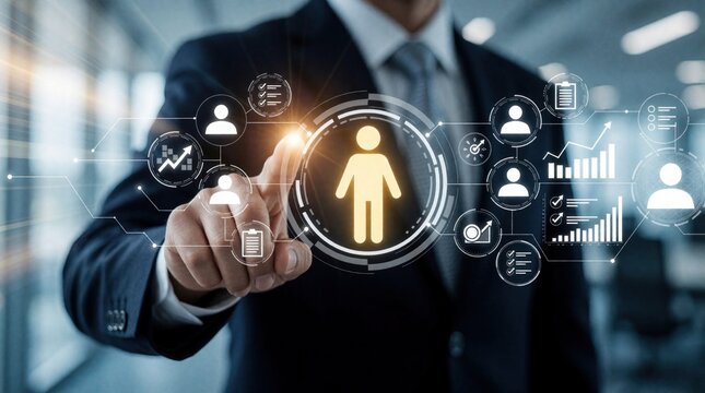 Businessman touches glowing digital interface for human resource management. Pro man interacts with virtual screen showing employee profiles, data charts, team network. Corporate leader uses