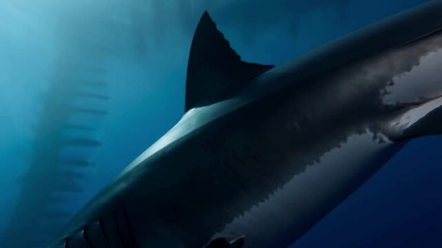 A great white shark seen from the side as it swims through deep blue water, its dark gray back and white underside contrasting with its prominent dorsal fin illuminated by rays of sunlight from above.