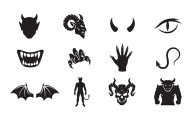 Fototapeta premium Devil monster silhouette icons with horns wings and tails for spooky halloween graphic design set.