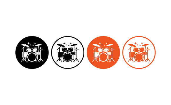 Modern drum kit icon set in black and orange circular flat graphic style