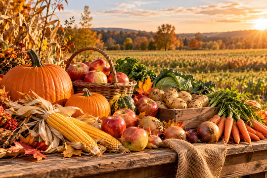 Thanksgiving harvest table with pumpkins, apples, corn and seasonal vegetables in golden autumn farmland, warm sunset light and rustic countryside setting, ideal for seasonal food advertising.