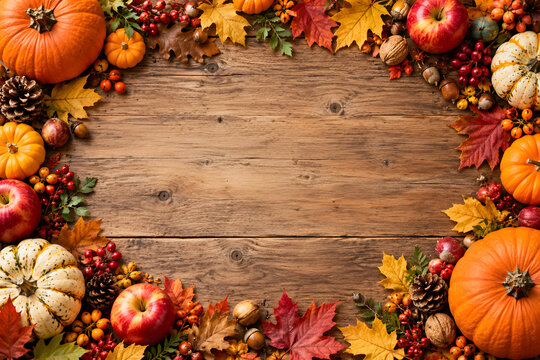 Elegant Thanksgiving greeting card background with pumpkins, autumn leaves, apples, acorns and berries framing a rustic wooden surface, with spacious copy area for seasonal messages.