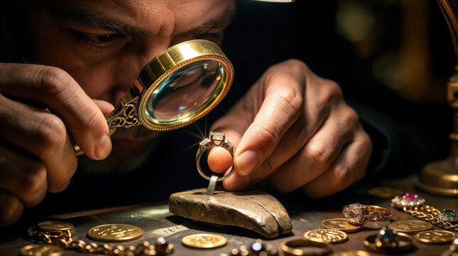 Professional jeweler inspects gold wedding ring with magnifying glass in workshop. Artisan examines diamond gemstone for quality, authenticity. Expert man performs jewelry appraisal, valuation of