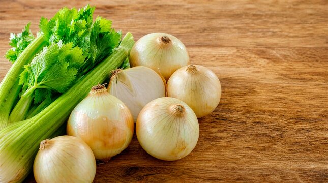 Fresh Celery and Onions on Rustic Wooden Surface with Copy Space