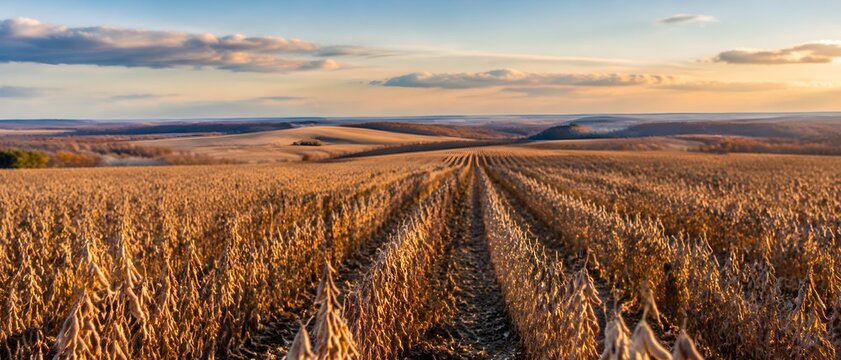 Soybean field rows running to the horizon over a hilltop under a broad autumn sky with dry pods rustling on the stems