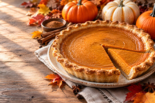 Freshly baked pumpkin pie with golden flaky crust and creamy filling, styled with pumpkins, cinnamon and autumn leaves on a rustic table, warm natural light, Thanksgiving food photography.