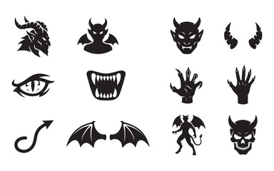 Fototapeta premium Devil monster icons set featuring black demonic shapes and fantasy creatures for horror game design.