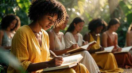 Obraz premium Diverse group of women practice guided journaling at wellness retreat. Participants sit outdoors in garden, writing in notebooks for selfcare, personal growth. Group focuses on mindfulness,