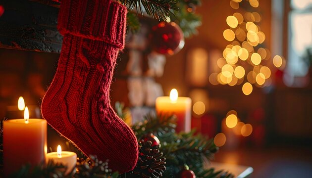 キャンドルの横に下がる赤い靴下の飾り