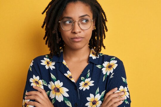 Angry African American woman with dreadlocks wears glasses, floral shirt. Displeased female client looks sideways with arms crossed. Grumpy young lady shows negative facial expression, bad attitude,