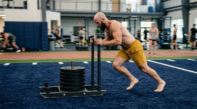 Muscular man pushing weighted sled on blue indoor track, intense strength training workout in gym setting. Fitness, bodybuilding, athletic performance, weightlifting.