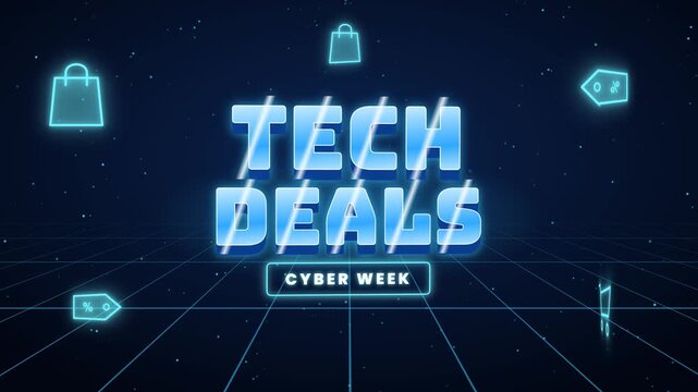 Cyber Week Tech Deals Promotion with Shopping Icons and Digital Grid Background