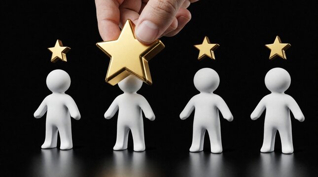 Hand places large gold star on white human figure among others. Concept for employee of month, top performance ranking. Human resources manager chooses best candidate for promotion, recognition,