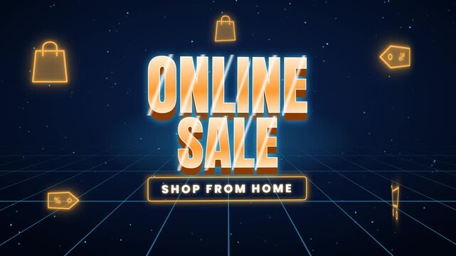 Online Sale Shop From Home Neon Lights Digital Grid Background