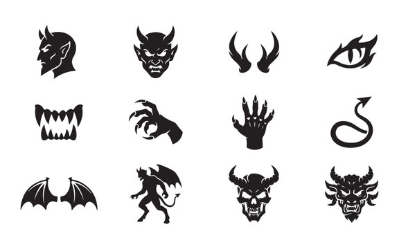 Devil silhouette vector icons set with demonic horns scary facial expressions wings and tails.