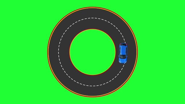 Top down animation of a blue car driving on a circular roundabout road on green screen.