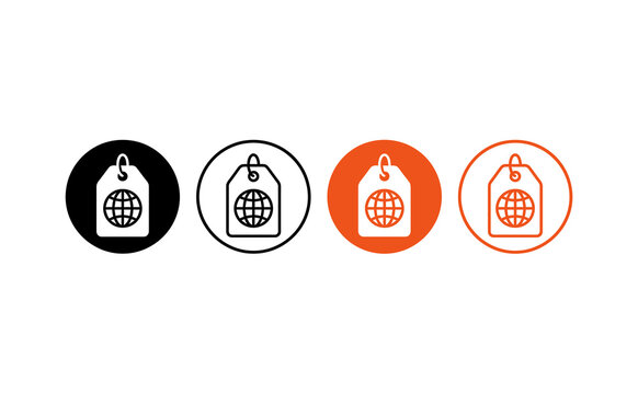 Modern globe price tag icons in black and orange circular shapes
