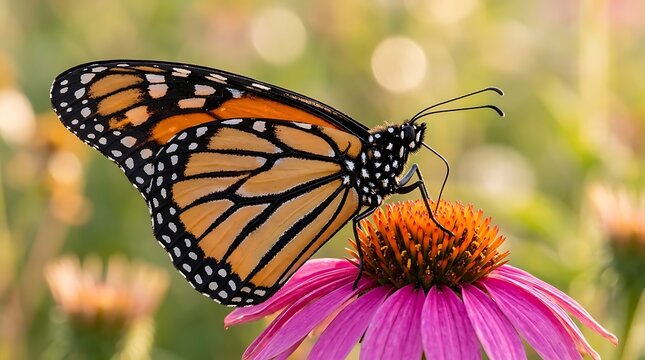 Beautiful monarch butterfly resting on a bright pink flower in a sunny garden