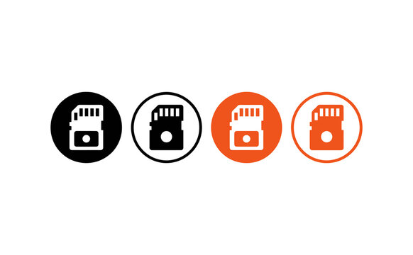 Modern memory card icons in orange and black circular flat designs