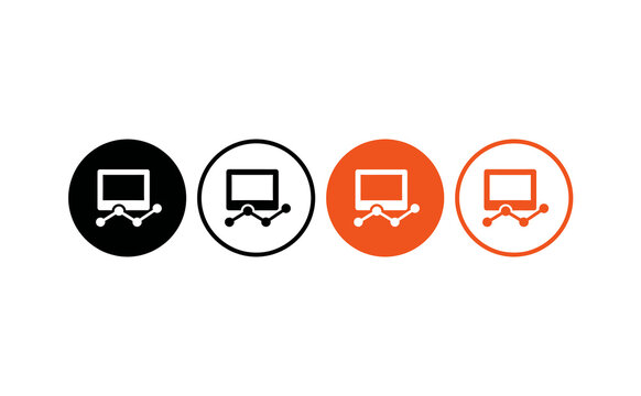 Modern computer screen icons with growth charts in black and orange circles