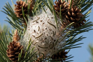 Fototapeta premium Macro view of pine tree branch with large nest. Processionary caterpillars live inside white silk web among pine cones. Tiny hairy larvae group together in protective cocoon for survival in forest