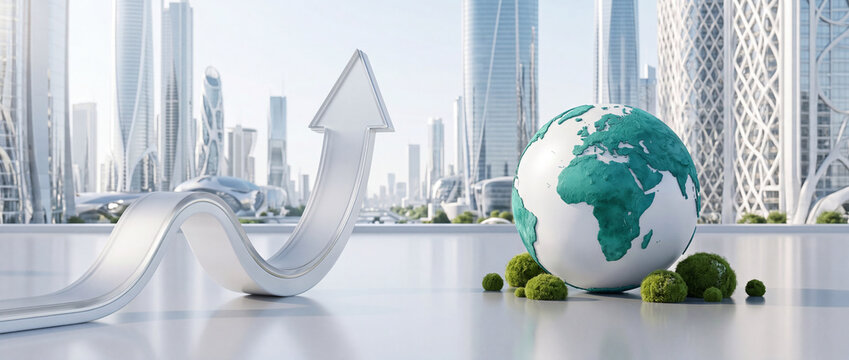 Upward arrow beside green earth globe with moss on reflective surface before futuristic skyscrapers, representing sustainable development, ecological investments, and ESG business progress