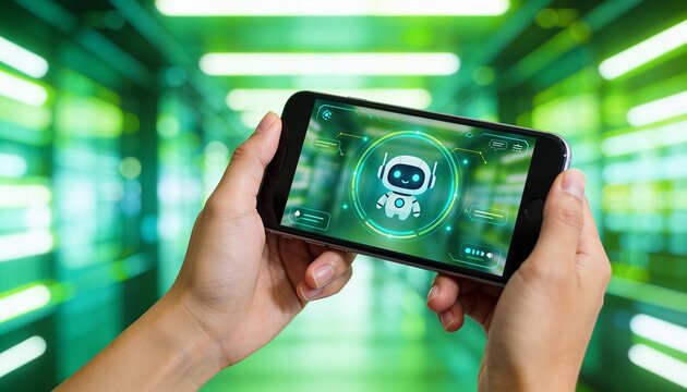 AI chatbot concept: smartphone screen showing an adorable robot assistant icon, held in both hands against a green-teal neon tunnel with futuristic bokeh, cinematic stock photography, 4K