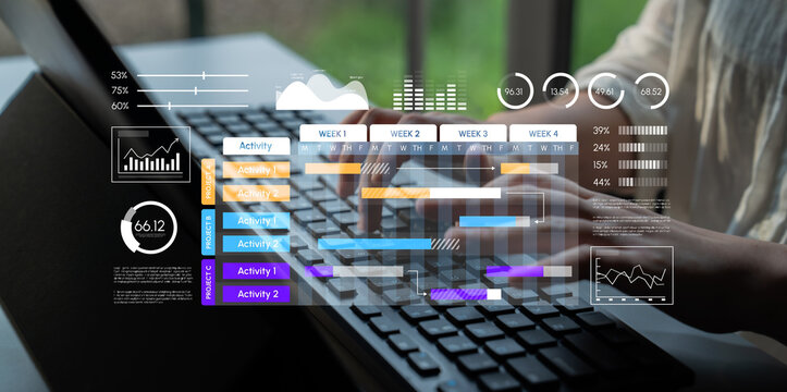 Futuristic Data Analysis Concept with Hands on Keyboard and Digital Dashboard Displaying Activity Metrics and Progress Over Weeks. Entropy.