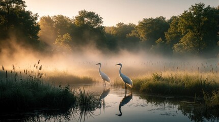 Fototapeta premium Two white egrets stand in misty marshland at sunrise. Tall birds reflect in calm pond water among reeds. Golden morning light shines through thick fog over forest trees. Peaceful wetland nature scene