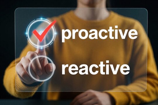 Hand touches transparent digital screen selecting proactive option over reactive one. Business person makes strategic choice for better management, future planning. Human finger clicks checkmark icon