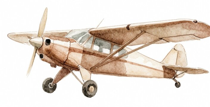 Watercolor sketch of a vintage airplane design. Propeller plane sits on landing gear base. Artwork style suggests historical aviation art for print material.