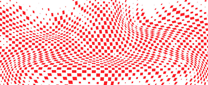 Red curved geometric square pattern with flowing rows and dynamic perspective, bold abstract background vector illustration design