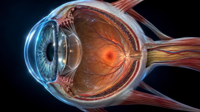 Human eye cross-section with retina and optic nerve medical