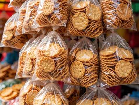 Traditional Indonesian crackers packaged in plastic bags at local market stall. Crispy kerupuk snacks hang ready for sale in bazaar. Savory fried chips displayed in street food shop. Local food