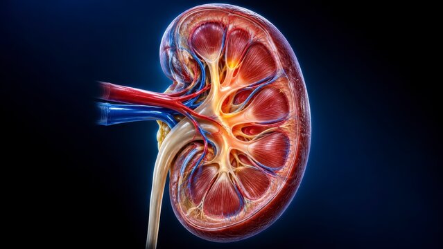 Human kidney cross-section anatomy with renal vessels medical clinical