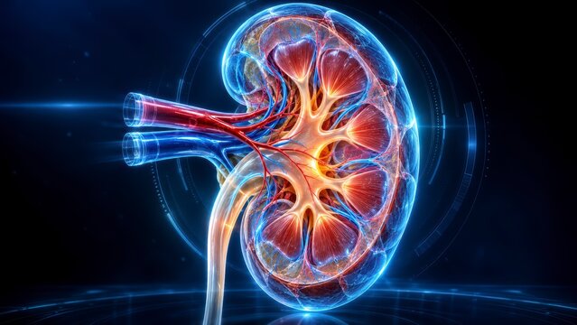 Human kidney anatomy glowing internal structure medical clinical