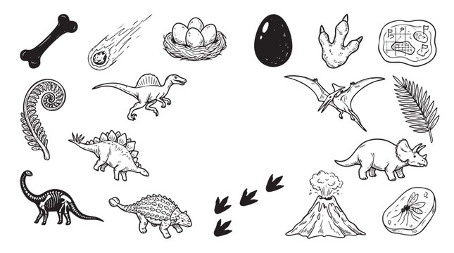 Black and white hand drawn dinosaur and paleontology objects collection for educational purposes.