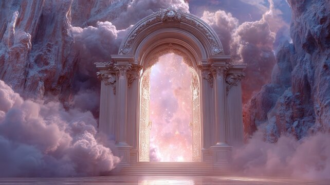 Spiritual awakening and afterlife concept ornate stone archway opening into a heavenly realm of soft clouds and ethereal light for meditation and peace