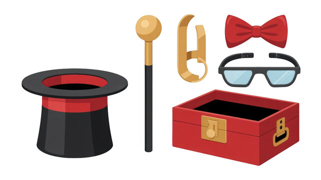 Magician accessories png magic hat cane glasses box png illusionist props png magic show equipment png transparent background image