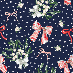 Obraz premium Christmas seamless pattern, mistletoe twigs with berries, red, pink, striped bows, snow, dark blue night background. Vector illustration. Festive design. Season greeting. Winter holidays