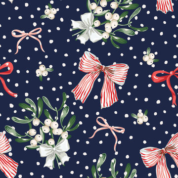 Christmas seamless pattern, mistletoe twigs with berries, red, pink, striped bows, snow, dark blue night background. Vector illustration. Festive design. Season greeting. Winter holidays