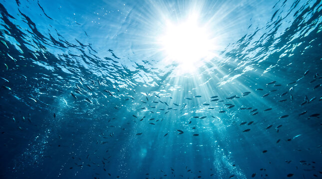 Underwater view of the ocean surface with bright sunlight rays, rippling water waves, and a school of small fish swimming in deep blue water